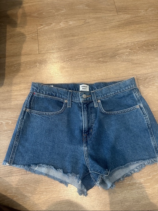 Sunday Best Pants - Sunday Best/Aritizia Size 28 Dark Blue Denim Frayed-Hem Women's Jean Shorts